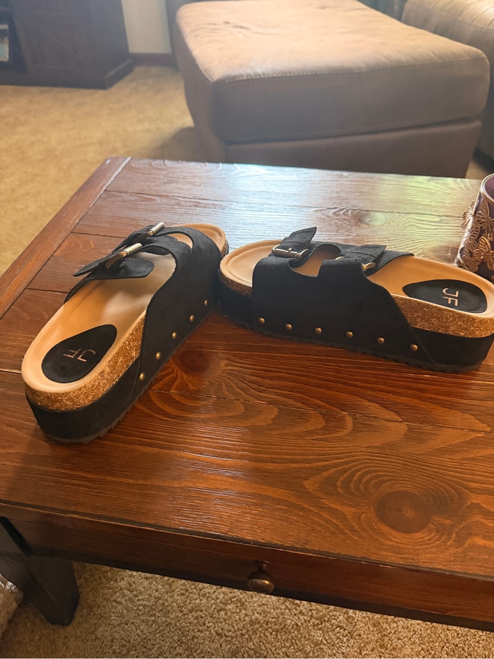 JustFab Black Suede Dual-Buckle Studded Platform Mules